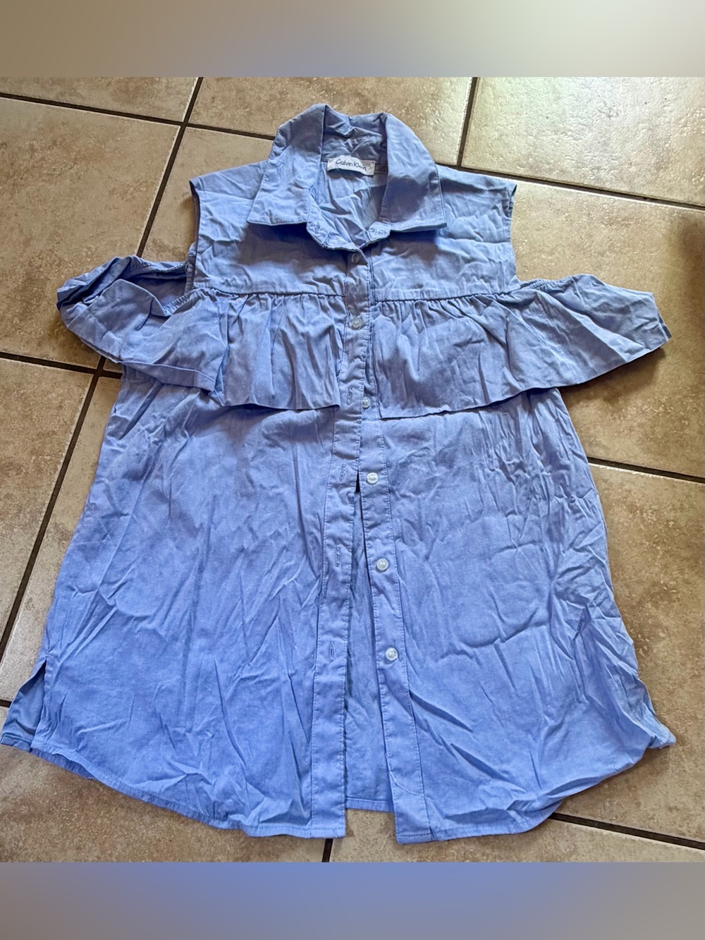 Calvin Klein Light Blue Cold-Shoulder Ruffle Button-Up Top
